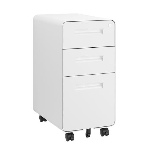 3 Drawer Slim Narrow Mobile File Cabinet with Lock and 4 Keys - color: White, size: 23.4"H*12.6"W-3 Drawers