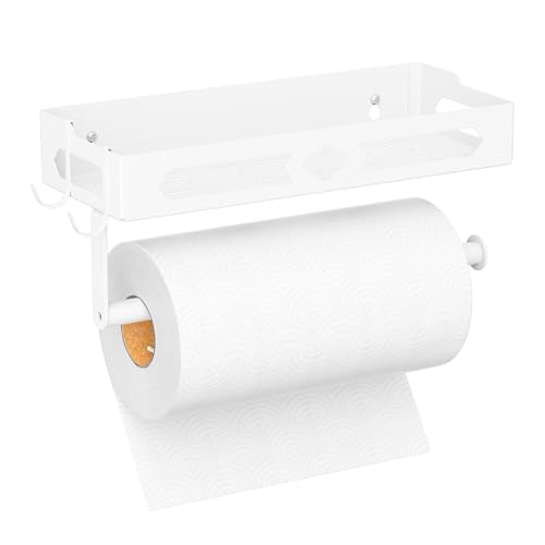 Wall Mount Paper Towel Holder with Shelf for Bathroom, Kitchen,White 2Hooks - color: White