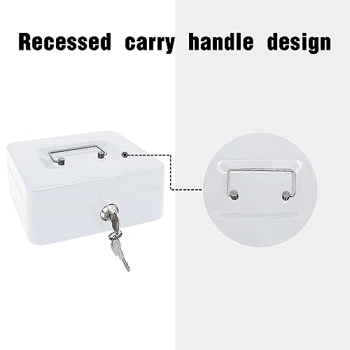 Steel Cash Box with Key Lock, Metal Small Money Organizer with Money Tray,Cash Storage Box with Lockable Cover (White- 7.8" x 6.3" x 3.3") - color: White- 7.8" x 6.3" x 3.3"
