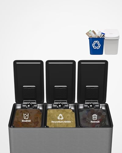 Garvee Triple Kitchen Trash Can, 3 x 4 Gal Stainless Steel Recycling Bin Combo, 3 Compartment Garbage Can with Soft-Close Step Lid, 15L Bins, Silver - color: Silver, size: 3 x 4 Gallon