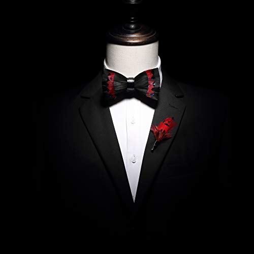 RBOCOTT Handmade Feather Pre-tied Bow tie and Brooch Sets for Men - color: Black/Red