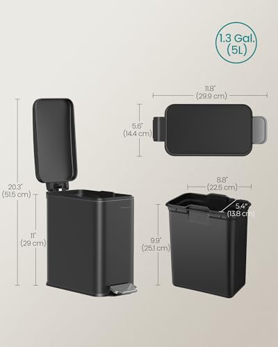 SONGMICS Bathroom Trash Can, 1.3 Gallon Stainless Steel Trash Bin with Lid - color: Black, style: 1.3 Gal.