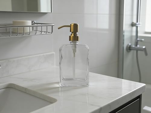 Clear Glass Soap Dispenser with Gold Rust Proof Stainless Steel Pump, 12 Oz Refillable Lotion Bathroom Soap Dispenser, Kitchen Hand and Dish Soap Dispensers - color: Gold, size: 12 oz