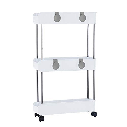 3-Tier Slim Mobile Shelving Unit on Wheels, Slide Out Rolling Bathroom Storage Organizer, Utility Carts Shelf Rack for Kitchen Bathroom Laundry Room Narrow Places, White - color: White - 3 Tier