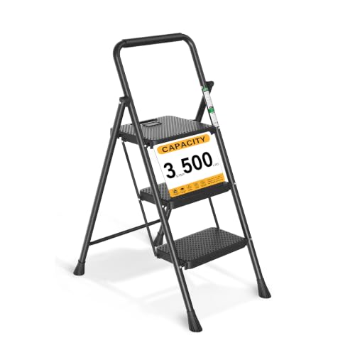 Arbusb 3 Step Ladder, Folding Steel Ladder with Handrail & Wide Pedals - color: Matte Black, size: 3-Step