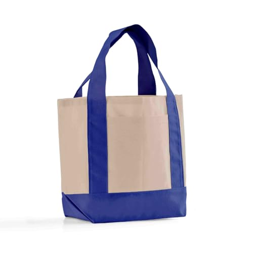 TBF 12 Pack Mini Iconic Canvas Shopping Bags with Gusset – Reusable Eco-Friendly Tote Bags with Handles - color: Royal Blue