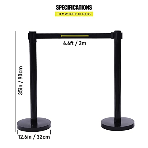 Crowd Control Stanchion, Set of 4 Pieces Stanchion, with 6.6 ft/2 m Black Retractable Belt, Black Steel Crowd Control Barrier w/Rubber Base - Easy Connect Assembly