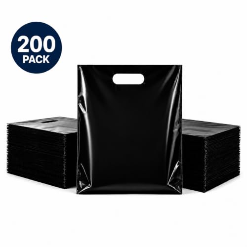 200 Pack Black Plastic Merchandise Bags with Die-Cut Handles, 12" x 15"