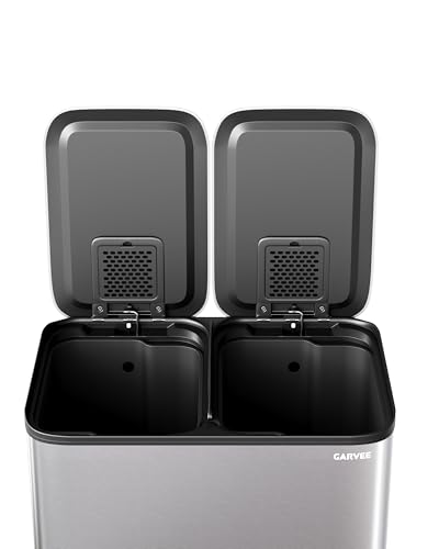 GarveeHome 2 x 4 gal Stainless Steel Double Trash Can with Lid for Kitchen, Large Dual Trash and Recycle Bin Combo, Step-on Kitchen Metal Garbage Cans, PP Inner Buckets, Liner Rim, Silver - color: Silver, size: 2 x 4 gallon