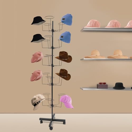 5-Tire Freestanding Hat Display Rack, 25Hooks Rotating Cowboy Hats Rack Stand, Metal Hat Display Tree Standing, Cap Holder Organizer Stand for Home Commercial Retail Store(Black) - color: 25 Hooks-Black
