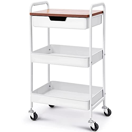 TOOLF 3 Tier Rolling Cart with Drawer, Metal Utility Storage Cart, White - color: White