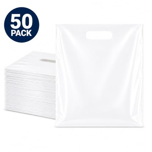 Purple Q Crafts 50 Pack White Plastic Merchandise Bags with Die Cut Handles, 15" x 18" Retail Bags