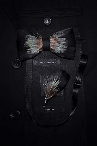RBOCOTT Handmade Feather Pre-tied Bow tie and Brooch Sets for Men - color: Black/Brown/Turquoise
