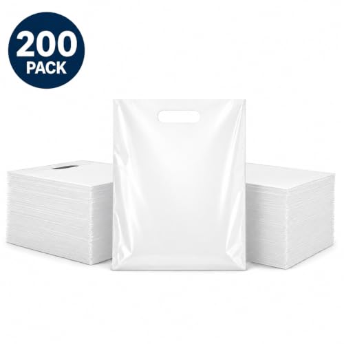 200 Pack White Plastic Shopping Bags 9" x 12" with Die Cut Handles - size: 1 Count (Pack of 200)