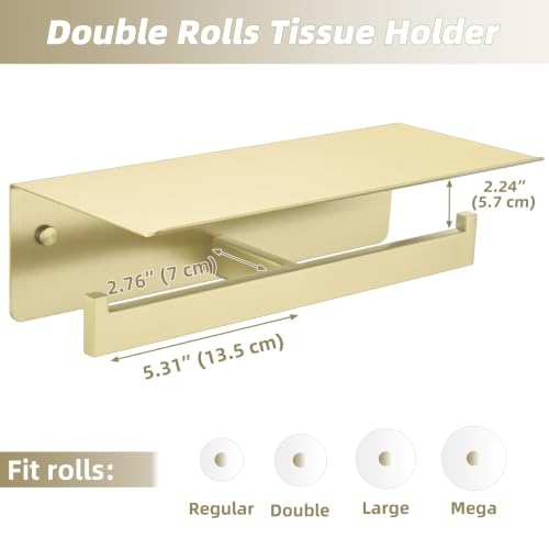 APLusee Brushed Gold Double Toilet Paper Holder with Shelf, 304 Stainless Steel Wall Mount Tissue Roll Holder for Bathroom - color: Brushed Gold, size: Double Rod