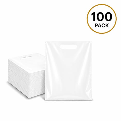 100 Pack White Plastic Shopping Bags 9" x 12" with Die Cut Handles - size: 100 Count (Pack of 1)