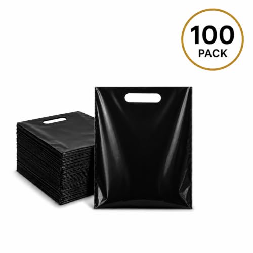 100 Pack Black Plastic Shopping Bags with Die Cut Handles, 9" x 12" Size
