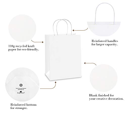 BagDream White Gift Bags with Handles 8x4.25x10.5 Inch Medium 100 Pack Bulk - color: White