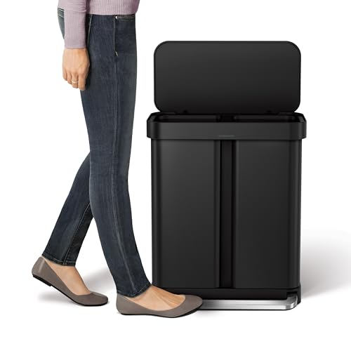 simplehuman 58L Liner Rim Rectangular Recycler, 24L+ 34L, Matte Black - color: Matte Black (with Steel Lid)
