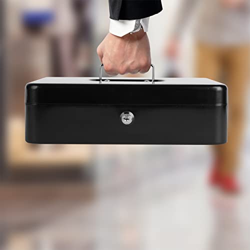Sumerfnt Cash Box with Money Tray and Lock Money Box with Security Cable, Metal Locking Cash Box - 11.8" x 9.4" x 3.54" Black - color: Black-with Security Cable