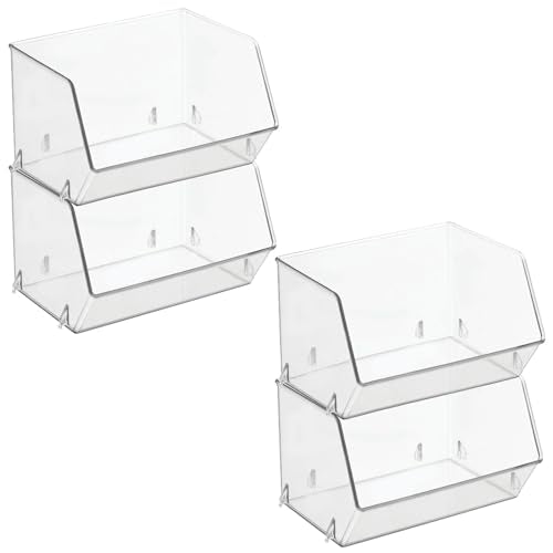 mDesign Plastic Open Front Food Storage Bin for Kitchen Cabinet, Pantry, Shelf, Fridge/Freezer - Organizer for Fruit, Potatoes, Onions, Drinks, Snacks, Pasta - 5" Tall - 4 Pack - Clear