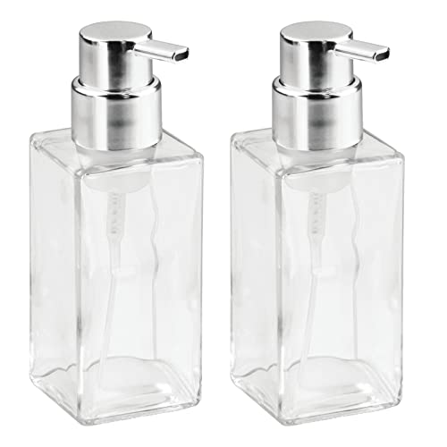 mDesign Glass Refillable Foaming Hand Soap Dispenser Modern Square Pump Bottle for Bathroom Vanities or Kitchen Sink, Countertops - 2 Pack - Clear/Chrome - color: Clear/Chrome