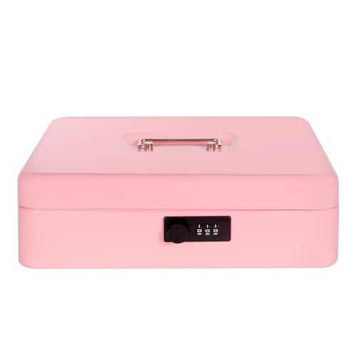Cash Box with Money Tray and Combination Lock, Metal Money Box for Cash Register, Tiered Lock Box for Money 11.8" x 9.4" x 3.54" Pink - color: Pink with Combination Lock
