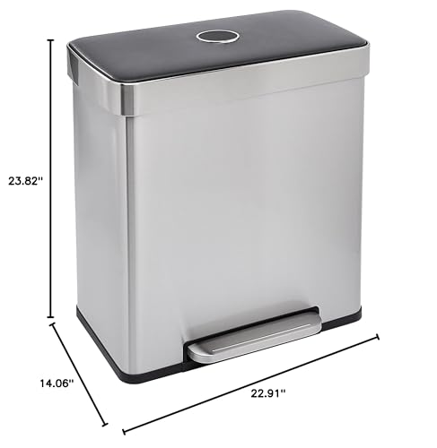 Amazon Basics Dual Compartment Recycling Trash Can with Soft-Close Lid, Fingerprint Resistant, Removable Liner Buckets, 60 Liters, Rectangular, Grey, Silver