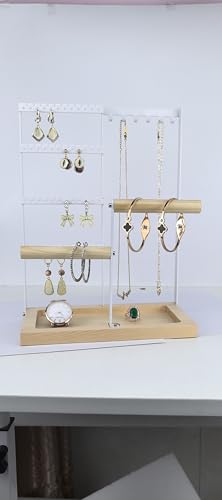 lengnoyp Premium Jewelry Stand, 4-Tier Earring Holder, Necklace Holder Stand, Sturdy Storage Jewelry Organizer & Bracelet Stand, Display Stands with Wood Tray, White - size: 11 IN