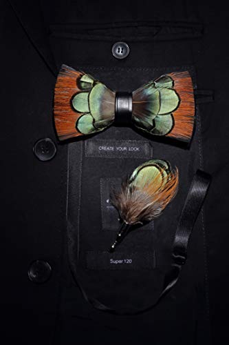 RBOCOTT Handmade Feather Pre-tied Bow tie and Brooch Sets for Men - color: Orange/Green