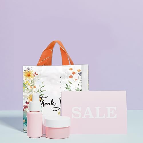 50 Count 9.8'' x 11.8'' Plastic Merchandise Thank You Bags, Retail Bags with Handle for Customers Parties Favors Goodies - Flower 1 - color: White