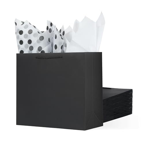 Offizon 12PCS Black Gift Bags with Stripe Tissue Small Bag 8.7x3.9x7.1in - color: Small-Black1-6PCS