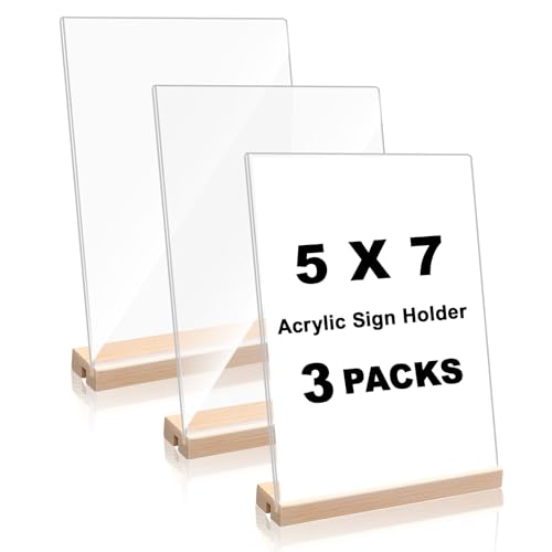 Daletu Acrylic Sign Holder 5x7 with Wood Base | 3 Packs Acrylic Tabletop Display Stand, 2 in 1 Vertical or Slant Clear Plastic Sign Frame Holder for Flyer, Menu, Retail, Buffet, Vendor, Wedding, Party - size: 3PCS (5"x7")