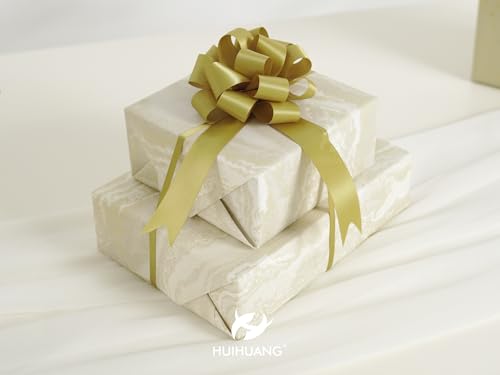 HUIHUANG Gold Christmas Bows for Gift Wrapping 12 PCS Gold Satin Pull Bows - color: Gold, size: 1 Pack (12 bows, 4 in x 8 in)