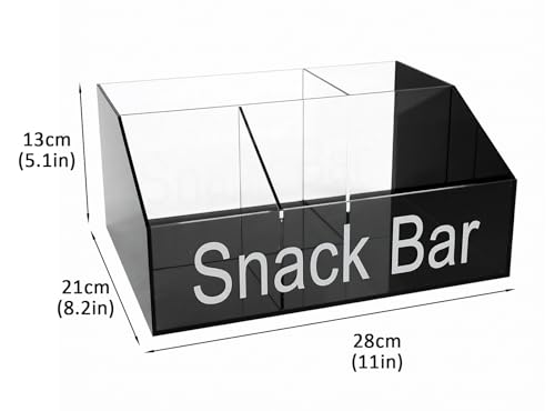 Snack Organizer for Countertop, Black & Clear Acrylic Snack Bar Organizer, 4 Compartment Snack Holder Chips Organizer, Trapezoid Snack Basket Bin for Kitchen Pantry Organizer and Storage