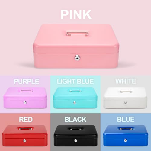 Jssmst Cash Box with Tray - Pink Money Box with Key Lock, Money Saving Box Lock Box, 9.84'' x 7.87'' x 2.6'', SM-CB00125PK - color: Pink, size: L(9.84")