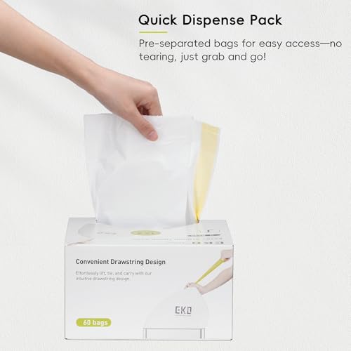 EKO 12.9 Gallon / 45-49 Liter, 60 Count Drawstring Trash Bags, Extra-Strong Unscented Garbage Bags, Easy-Dispense Roll for Kitchen & Household Use, Resists Tears, Leaks and Punctures, Code J, White - size: 60 Count (Pack of 1), style: 12.9 Gallon Bags/Cod