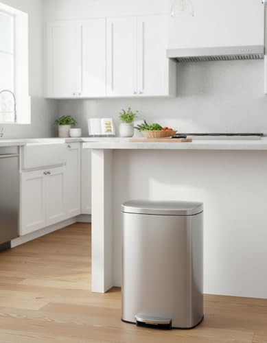 Garvee 13 gal / 50 L Stainless Steel Kitchen Trash Can with Lid, Large Rustproof Garbage Can for Kitchen, Step-on Metal Trash Bin with Inner Bucket, Rear Handle, Soft Close Lid, Silver - color: Silver, size: 13.2 gal Single