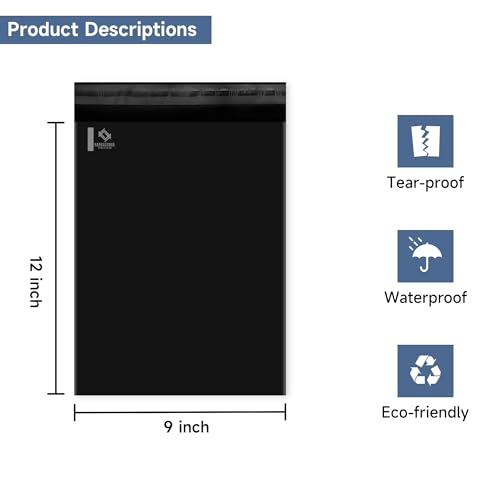 KKBESTPACK Black Poly Mailers 9x12 in, Mailing Envelopes, 100 Pcs - color: Black, size: 9" x 12" 100 pcs