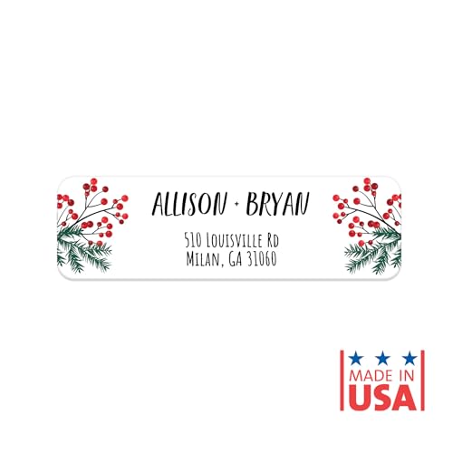 Pine and Holly Rolled Address Labels / 250 Personalized Return Address Labels/Designer Address Stickers in Elegant Plastic Dispenser - size: 250 Labels, style: Holly White