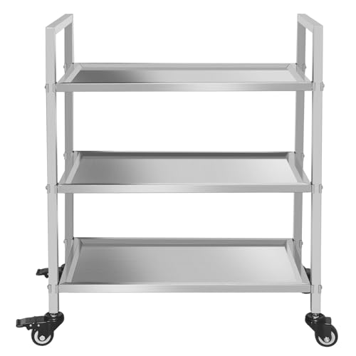 3-Tier Heavy Duty Stainless Steel Rolling Cart with 400 LBS Capacity, Utility Service Cart with Silent Casters & Lockable Wheels for Home, Kitchen, Office, Lab, Hotel
