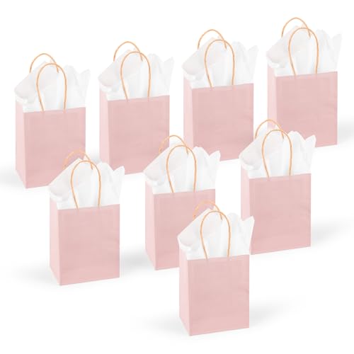 DjinnGlory 60 Pack Mini Pink Paper Bags with Handles Bulk 6.3x4.7x2.75 Inch for Birthday Wedding Baby Shower Party Favors, Treats, Goodies, Christmas Gifts, Tiny Small Business Bags - color: Pink