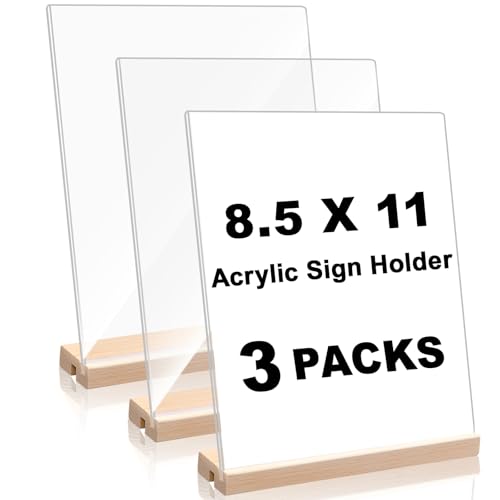 Daletu Acrylic Sign Holder 8.5x11 with Wood Base | 3 Packs Acrylic Sign Display Stand, 2 in 1 Vertical or Slant Clear Tabletop Flyer Menu Holder, Plastic Picture Frame for Store, Office, Vendor, Party - size: 3PCS (8.5"x11")