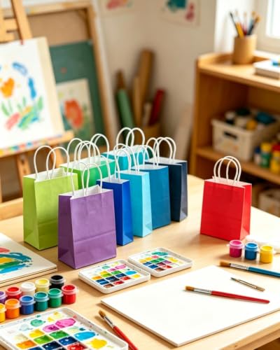 qiqee 100Pcs Paper Gift Bags with Handles - 4.5"×2.5"×6" Mini Party Favor Bags - 24 Solid Colors - size: 1 Count (Pack of 100)