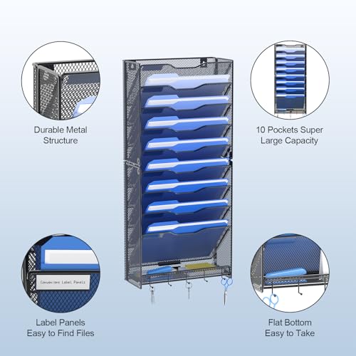 OUTWOLF 10 Tier Hanging Wall File Organizer Wall Mount Paper Document Folder Holder with Hooks for Home Office Organization - color: 10 Pocket