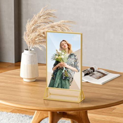 8.5 x 5.5 Acrylic Sign Holder with Gold Frame, Double Sided Display Stand Ideal for Display Wedding Table Numbers, Picture, Flyer Menu Holder, 6 Packs - color: Gold, size: 6 Pack- 8.5X5.5 Inch