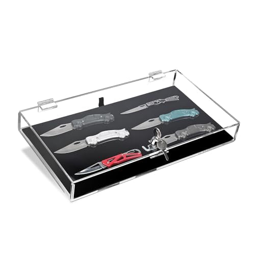 MOOCA Acrylic Rectangular Marketing Holder Locking Security Showcase Safe Box Display Tray, Perfect for Watches Jewelry, Knives, Eyewear with a Key and a Black Padding - color: 1) Regular W/Velvet Pad