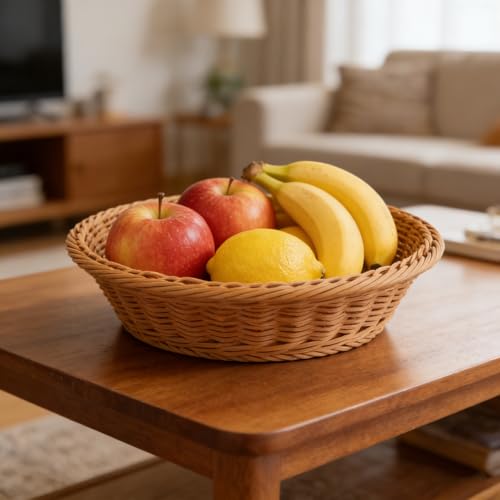 MANCHAP 6 PCS Wicker Bread Basket Round, Plastic Rattan Woven Fruit Serving Basket for Home, Restaurant, Store, 11.4 x 3.1 inch, Brown