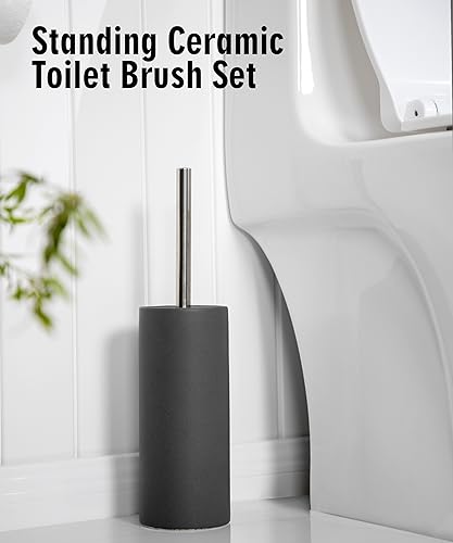 Matt Gray Ceramic Toilet Brush and Holder Set - color: Matt Gray, size: Set/2