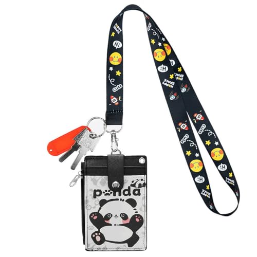 Cute ID Badge Holder with Detachable Lanyard, PU Leather Wallet & Key Ring - color: Panda-black